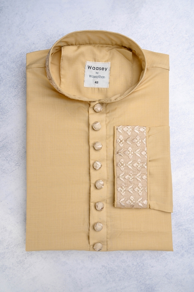 Premium Pale Gold Panjabi with Embroidered Trim